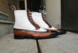 Handmade Men’s Ankle High Lace Up White &amp; Brown Leather Wing Tip Brogue ... - £125.85 GBP+