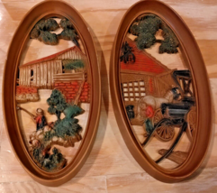 Vintage Burwood MCM 3D Molded Resin Wall Plaques Country Fisherman &amp; Blacksmith - £35.55 GBP