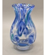 Murano Style Hand Blown Vase ~ Blue White Teal ~ 5 1/2” Tall Vintage - $41.44 CAD