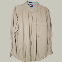 Tommy Hilfiger Button Down Shirt Mens Medium Tan Pockets Logo Embroidered - $15.96