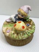 Vintage HOMCO 5404 Pixie Elf Boy Mushroom Garden Lidded Trinket Box Ceramic - £9.79 GBP