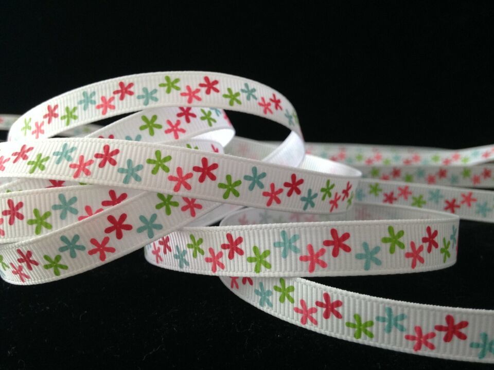 3/8&quot; in Colofrul STARS pattern grosgrain RIBBON - 1 yd  starflower starf... - $2.18