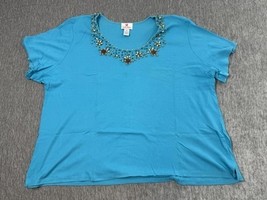 Quacker Factory Shirt Womens 3X Blue Beaded Embellished Scoop Neck Plus ... - $24.74