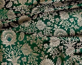 Indian Banarasi Brocade fabric Green &amp; Gold Fabric Wedding Dress Fabric -NF229 - £5.98 GBP+