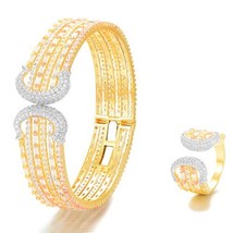 Luxury Korea 2pcs Bangle Ring Set For Women Full Micro Cubic Zircon Pave Party W - £59.74 GBP