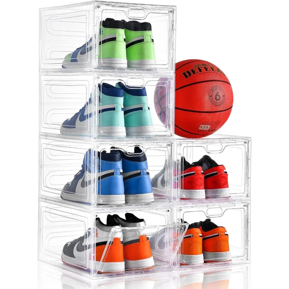 6 Pack Shoe Storage Box Clear Plastic Stackable, Shoe Box with Magnetic Door, Or - £45.08 GBP