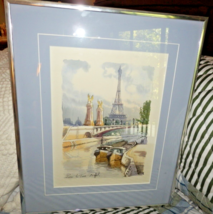 Vintage Framed Effiel Tower Paris Watercolor Painting Signed M Tellier 14&quot; X 17&quot; - £79.12 GBP