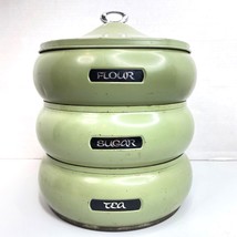 Vintage Lincoln Beautyware Avocado Green Pagoda Canister Set Asian Script MCM - $59.39