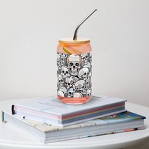 New Can-Shape Glass with Lid and Straw Halloween Graphic Skulls All Over Print - £8.22 GBP