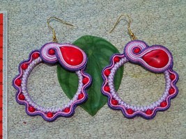 Handmade Soutache Beaded Hoop Earrings Earrings - Red, Violet - £17.58 GBP