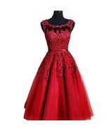 Kivary Sheer Bateau Tea Length Short Lace Pearls Prom Homecoming Dresses... - $118.79