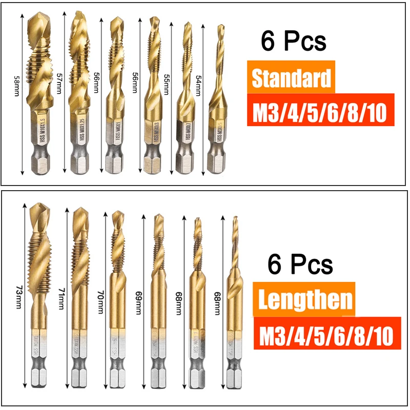 Play 6Pcs M3-M10 Hex Shank Titanium Plated HSS Screw Thread Metric Tap Drill Bit - £25.28 GBP