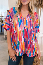 Multicolour Whimsical Feather Print V Neck Blouse - $14.99