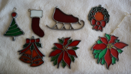 Lot 7 Sun Catcher Stained Glass Christmas Tree Wreath Sleigh Poinsettia ... - $20.00