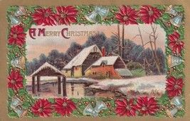 Merry Christmas Embossed Poinsettias Log Cabin Bells Postcard D52 - £2.35 GBP
