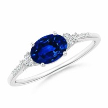 ANGARA Horizontally Set Oval Sapphire Solitaire Ring with Trio Diamond Accents - £2,157.16 GBP