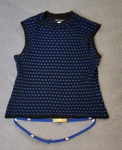 St John Santana Knit Sleeveless Sweater Top L Black Blue Mock Neck Tank &amp; Belt - $50.00