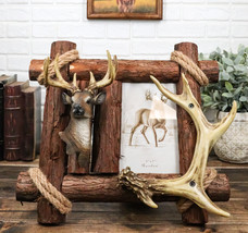 Rustic Buckhorn Stag Deer Trophy Bust And Antlers With Wooden Logs Picture Frame - £32.94 GBP