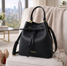 NEW FURLA Costanza Black Leather Small Bucket Drawstring Tote Bag/Crossb... - $268.00