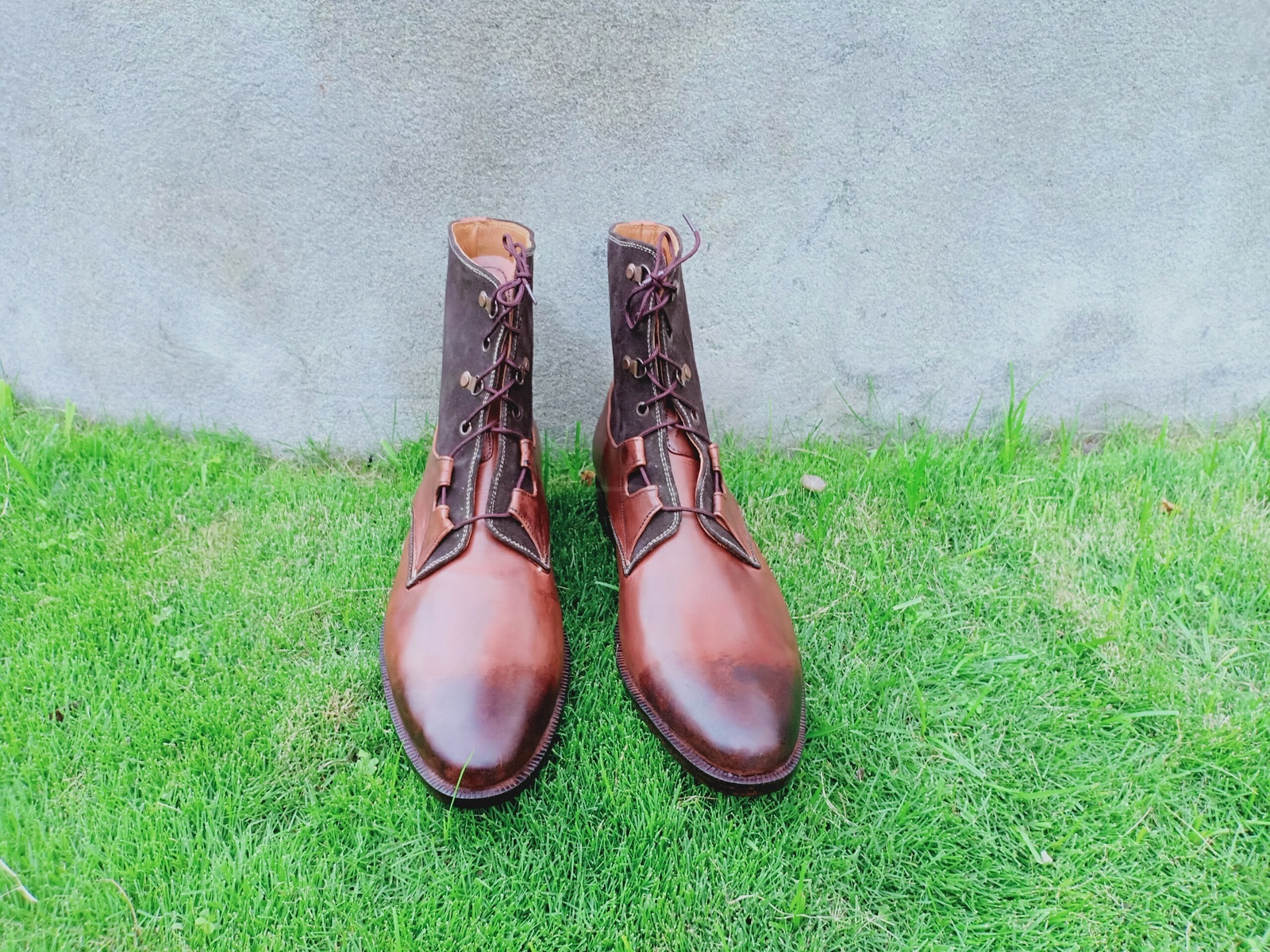 Men's Two Tone Brown Genuine Leather Burnished Toe High Ankle Handmade Boots