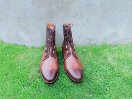 Men&#39;s Two Tone Brown Genuine Leather Burnished Toe High Ankle Handmade Boots - £125.33 GBP