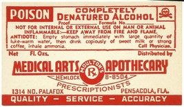 1 Antique Pharmacy Label DENATURED ALCOHOL Medical Arts Apothecary Pensa... - $28.11