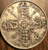 1914 UK GB GREAT BRITAIN SILVER FLORIN TWO SHILLINGS COIN - $34.64