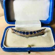 Fine Edwardian 10k Yellow Gold Over Blue Sapphire &amp; Diamond Crescent Moon Brooch - £111.10 GBP