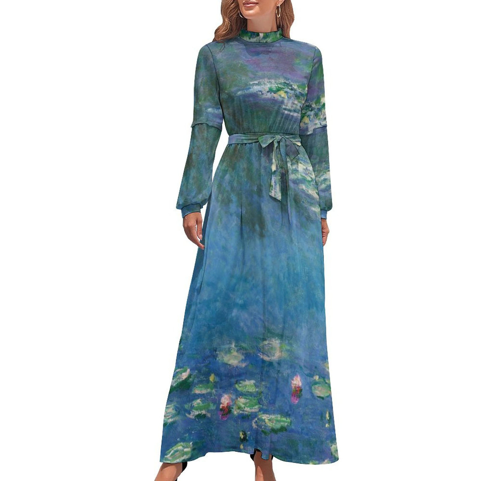 Woman Claude Monet Water Lilies Long Sleeve High Neck Long Dress (Size XS to XL)