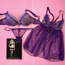 Victoria&#39;s Secret 32D Bh Set + Tanga + S Babydoll Kleid Lila Spitze Netz... - $124.73