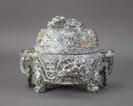Chinese Hand Carved Soapstone Dragon Ritual Tripod Lidded Censer Incense... - £1,215.81 GBP
