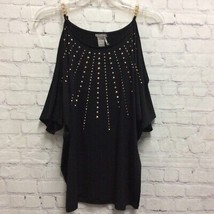 C. Oliver Cold Shoulder Tunic Top Black 3/4 Sleeve Scoop Neck Studded Ch... - $15.35