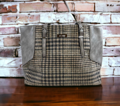 Coco And Carmen Plaid Wool Faux Leather Purse Gray Large  Shoulder Hand Bag - £29.40 GBP