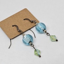 925 Sterling Silver - Blue Green Glass Crystal Bead Drop Dangle Earrings - $12.95