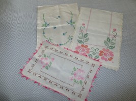 3 Unused Vtg Floral Linen Dresser SCARVES--Cross Stitch Embroidery Crochet-Edged - £18.88 GBP