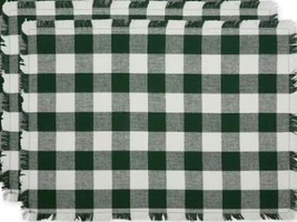 Set Of 2 Fringed Cotton Placemats (13&quot;x19&quot;) Plaid Buffalo Check,Hunter Green,Dii - £10.27 GBP