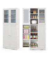 Tall Storage Cabinet Kitchen Pantry Cupboard w/ Tempered Glass Doors &amp; S... - £198.16 GBP