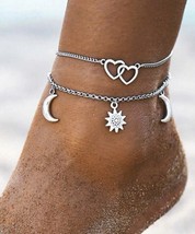 Boho Silver Anklet, Layered Dainty Heart Anklet - Sun &amp; Moon Ankle Bracelet - £9.71 GBP