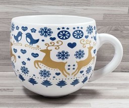 Modern Gourmet Foods Reindeer Christmas 14 oz. Coffee Mug Cup White Blue Gold  - £11.48 GBP