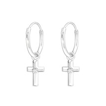 Hanging Silver Cross Hoop Earrings 925 Silver with Crystals - £13.41 GBP