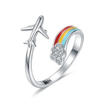 925-Sterling-Silver Adjustable Open Airplane Rainbow Rings With Enamel Engagemen - £21.64 GBP