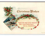 Christmas Wishes Cabin Scene Holly Wreath Embossed DB Postcard R10 - $3.91