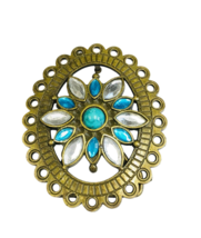 Jeweled Belt Buckle Bronze Tone Faux Blue Clear Turquoise Stones Oval Boho - £20.40 GBP