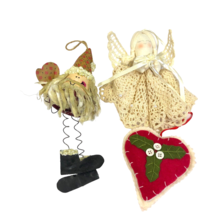 3 Handmade Christmas Crocheted Angel Santa Clay Pot Felt Heart Ornaments Vtg - £11.89 GBP