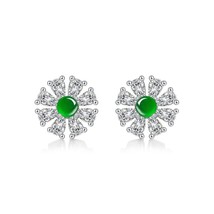 Women&#39;s Round Natural Green Jade CZ Snowflake 14k White Gold Plated Ear Stud - £96.30 GBP