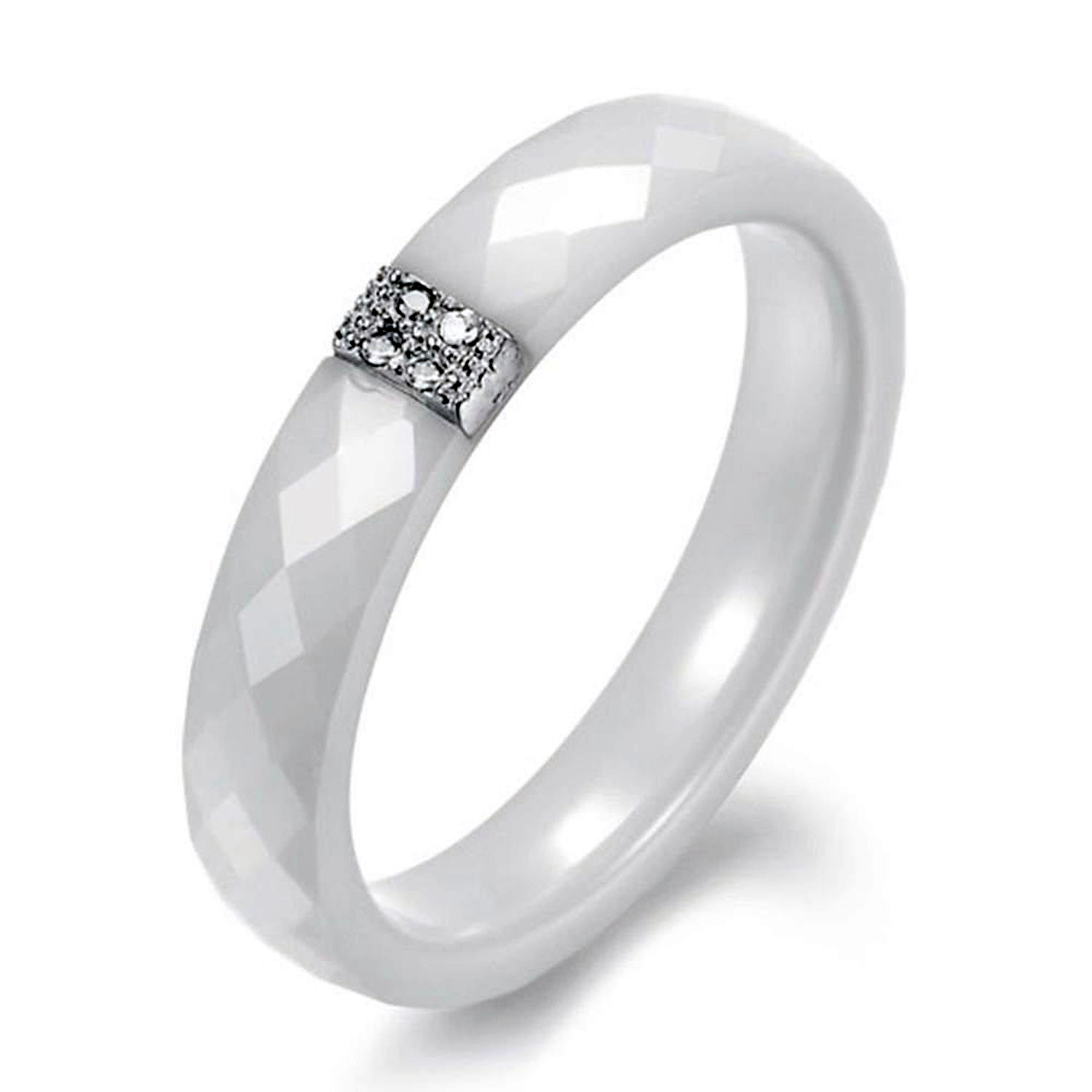4mm White ceramic with Sterling Silver Plated Platinum Crystal Ring Size 6_WBC - $3.95