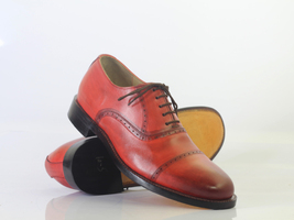 Handmade Men&#39;s Red Cap Toe Leather Lace Up Dress Shoes, Men Designer Luxury Shoe - £117.72 GBP