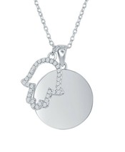 Sterling Silver Shiny Engravable Disc with Open CZ Hamsa Hand Pendants Necklace - £44.63 GBP