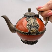 Antique Small Hand Carved Pottery Copper Tea Kettle Pot Gift Souvenir - $127.00