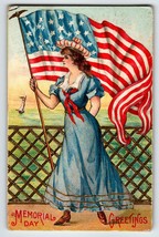 Memorial Decoration Day Postcard Women US Flag Sailboat Ocean Patriotic Embossed - £15.82 GBP